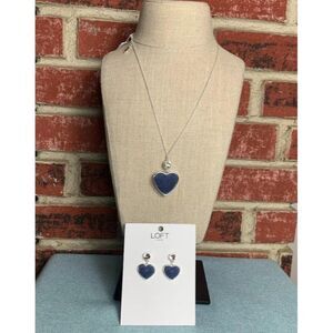 LOFT Blue Textured Heart  Pendant Necklace and  Earrings Bundle NWT